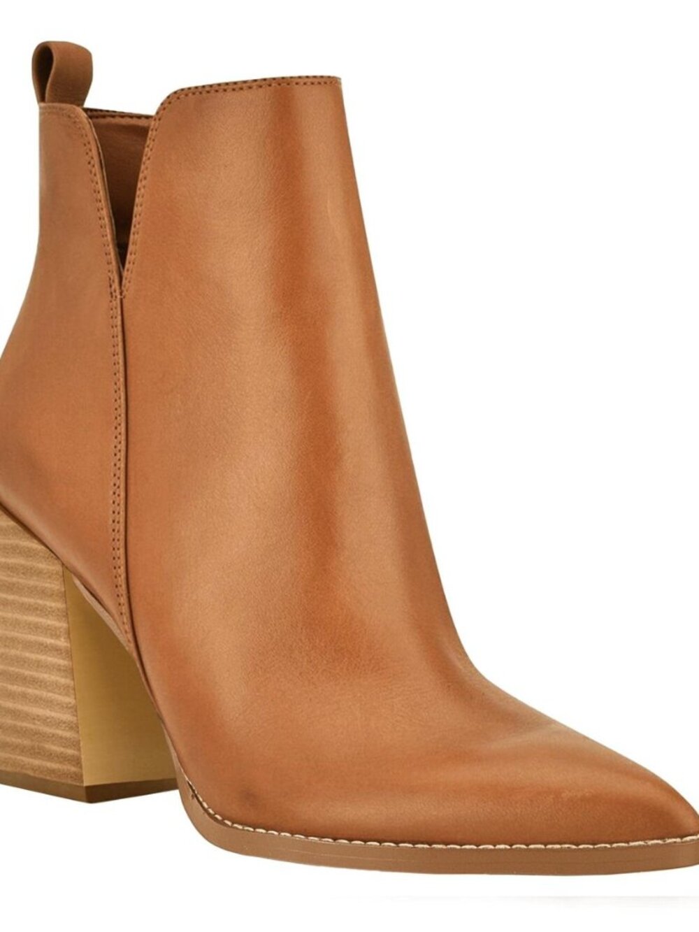 Women's V Cut Ankle Boots Pointed Toe Stacked Chunky Heel Side Zipper Leather